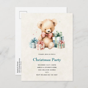 Cute Teddy Bear with Christmas Presents Invitation Postcard