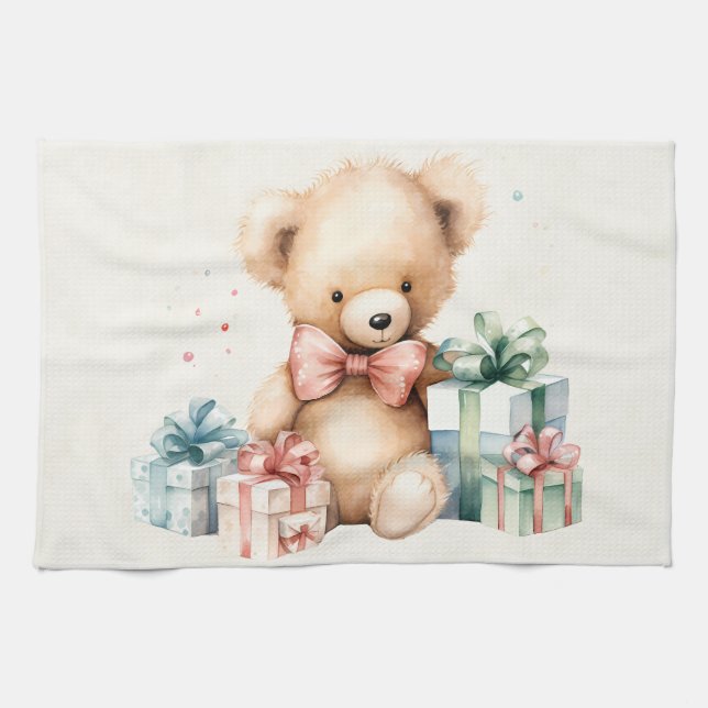 Cute Teddy Bear with Christmas Presents Kitchen Towel (Horizontal)