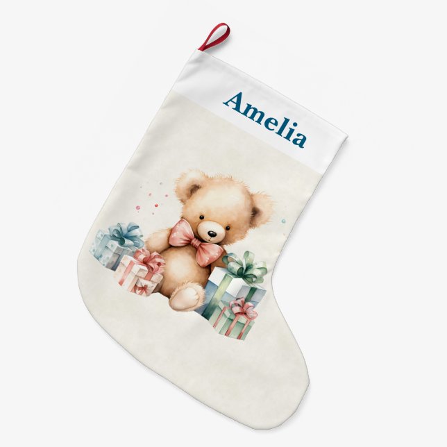 Cute Teddy Bear with Christmas Presents Large Christmas Stocking (Front (Hanging))