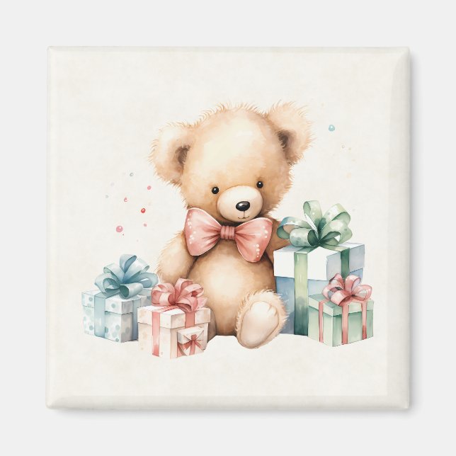 Cute Teddy Bear with Christmas Presents Magnet (Front)