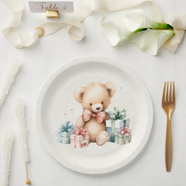 Cute Teddy Bear with Christmas Presents Paper Plates (Wedding)