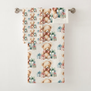 Cute Teddy Bear with Christmas Presents Pattern Bath Towel Set
