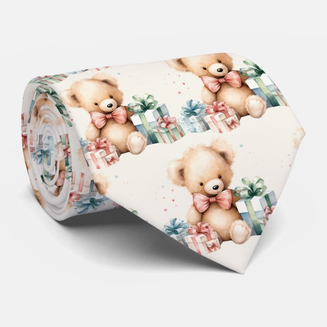 Cute Teddy Bear with Christmas Presents Pattern Neck Tie (Rolled)