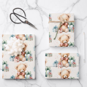 Cute Teddy Bear with Christmas Presents Pattern Wrapping Paper Sheets