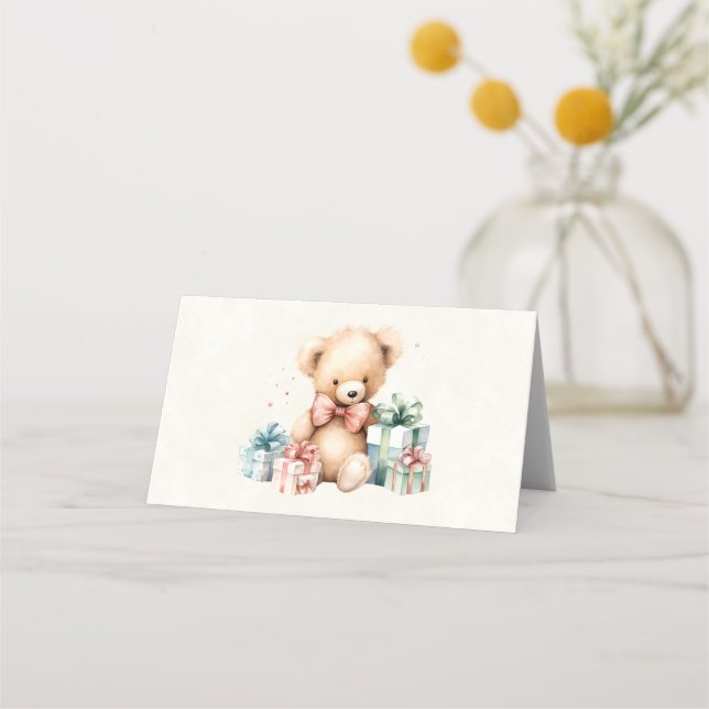 Cute Teddy Bear with Christmas Presents Place Card (Front)