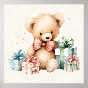 Cute Teddy Bear with Christmas Presents Poster