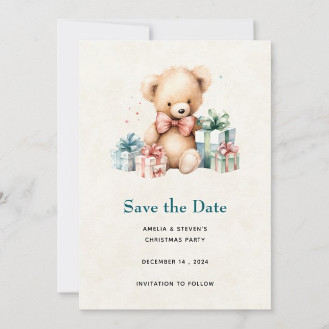 Cute Teddy Bear with Christmas Presents Save The Date (Front)