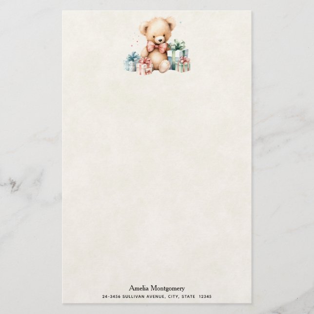 Cute Teddy Bear with Christmas Presents Stationery (Front)