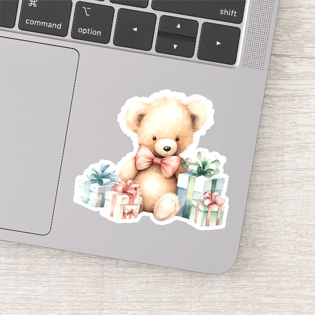 Cute Teddy Bear with Christmas Presents Sticker (Detail)