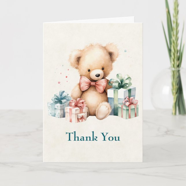 Cute Teddy Bear with Christmas Presents Thank You Card (Front)