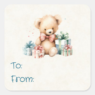 Cute Teddy Bear with Christmas Presents To & From Square Sticker