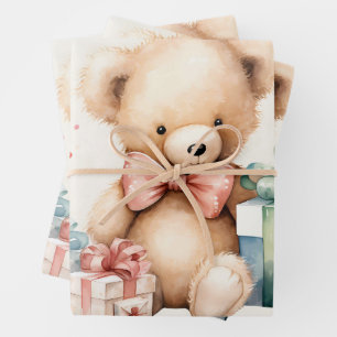 Cute Teddy Bear with Christmas Presents Wrapping Paper Sheets