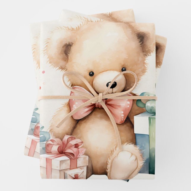 Cute Teddy Bear with Christmas Presents Wrapping Paper Sheets (In situ)