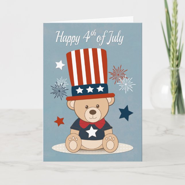 Cute Teddy Bear with Fireworks for 4th of July Card (Front)