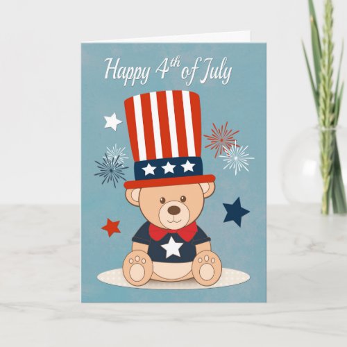 Cute Teddy Bear with Fireworks for 4th of July Card