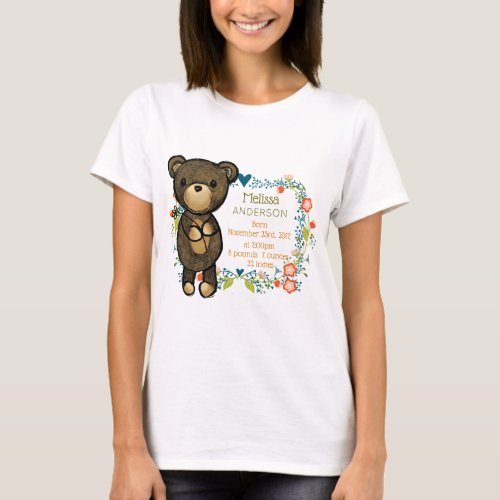 Cute Teddy Bear with Floral Designs Baby Birth T_Shirt