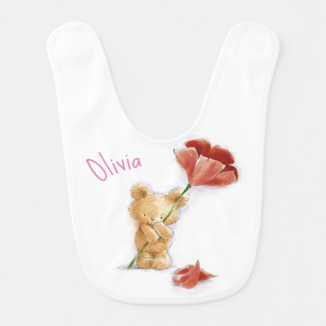 Cute teddy bear with flower customisable gift baby bib (Front)
