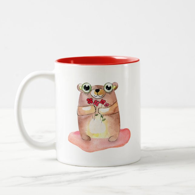 Cute Teddy Bear with Flowers Collectible Two-Tone Coffee Mug (Left)