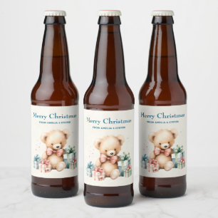Cute Teddy Bear with Gifts Merry Christmas Beer Bottle Label