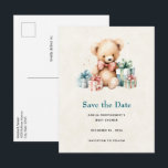 Cute Teddy Bear with Gifts Save the Date Announcement Postcard<br><div class="desc">Save the date postcard with a cute illustration featuring a cute stuffed bear. Wearing a fancy red bow. Drawn in a a cute old fashioned vintage style. Red and blue pastel presents surround this warm-hearted bear.</div>