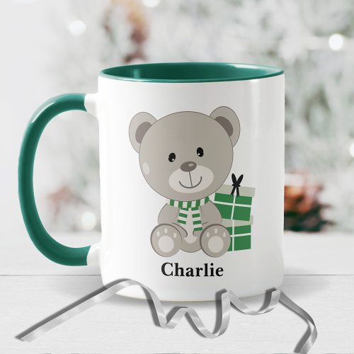 Cute Teddy Bear with Green Christmas Presents Mug