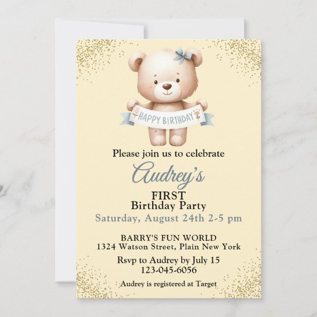 Cute Teddy Bear with Happy Birthday Banner Invitation (Front)