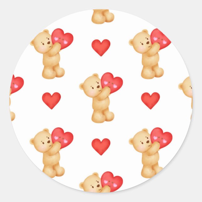 Cute Teddy Bear With Heart Design, Valentine's Day Classic Round Sticker (Front)