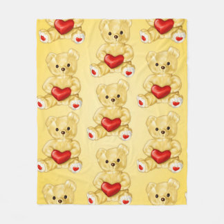Cute Teddy Bear With Heart Pattern Yellow For Girl Fleece Blanket