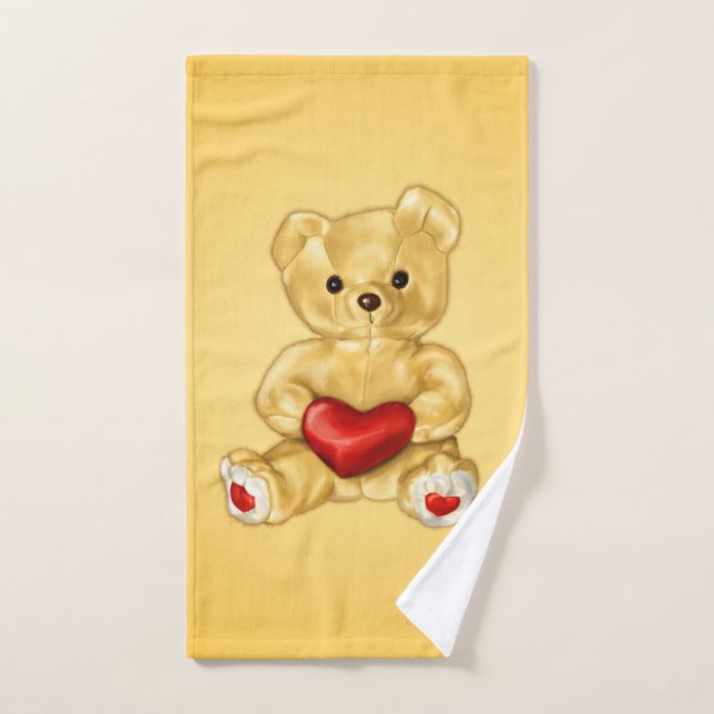 Cute Teddy Bear With Heart Yellow For Girl Hand Towel (Hand Towel)