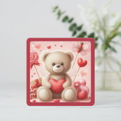 CUTE TEDDY BEAR WITH HEARTS VALENTINE HOLIDAY CARD (Standing Front)