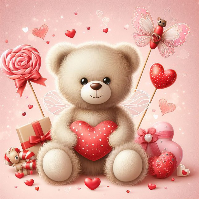 CUTE TEDDY BEAR WITH HEARTS VALENTINE HOLIDAY CARD