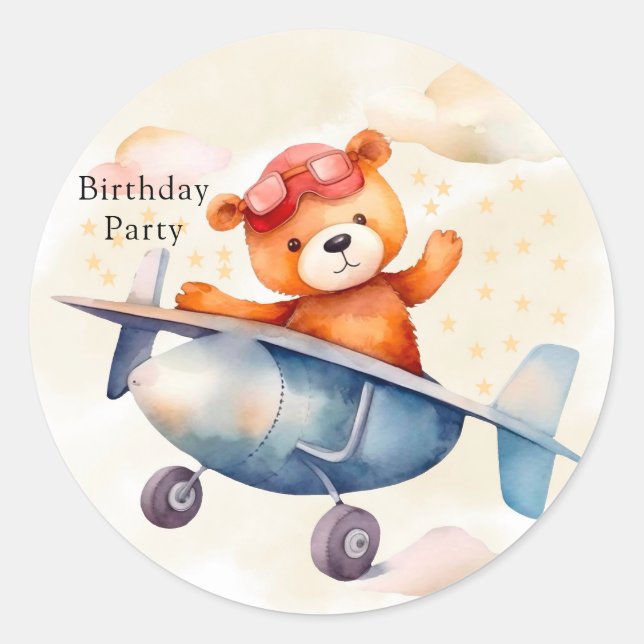 Cute Teddy Bear With His Airplane Birthday Party Classic Round Sticker (Front)