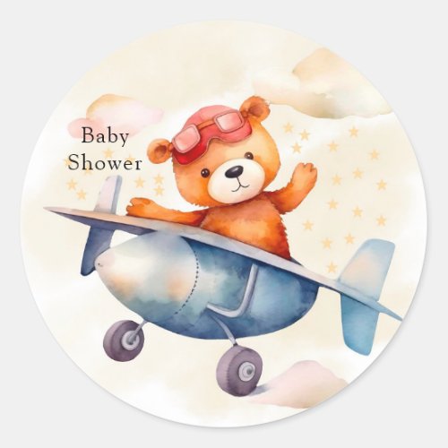 Cute Teddy Bear With His Airplane Birthday Party Classic Round Sticker