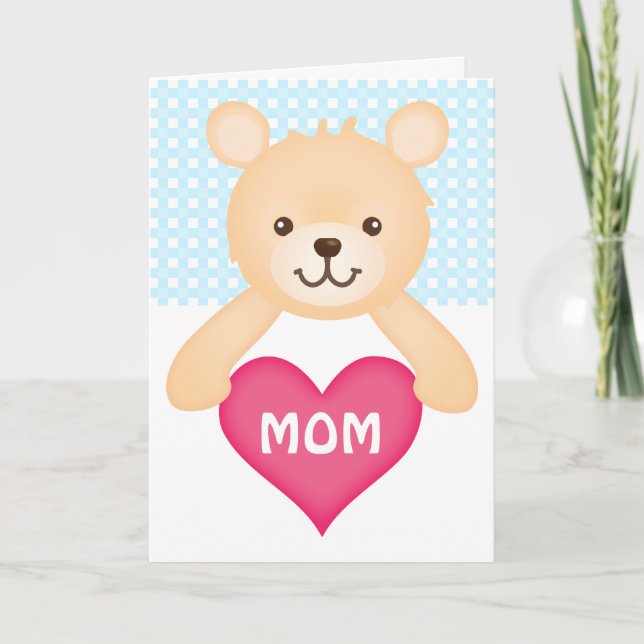 Cute Teddy Bear with Mom's Heart (blue) Card (Front)