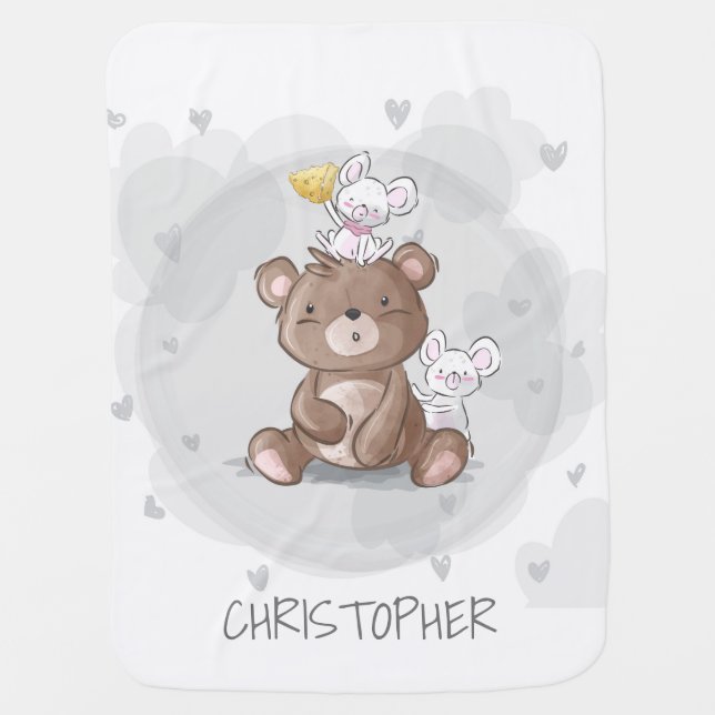 Cute teddy bear with mouse and cheese birthday boy baby blanket (Front)