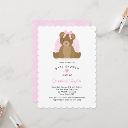 Cute Teddy Bear with Pink Bow Baby Girl Shower Invitation