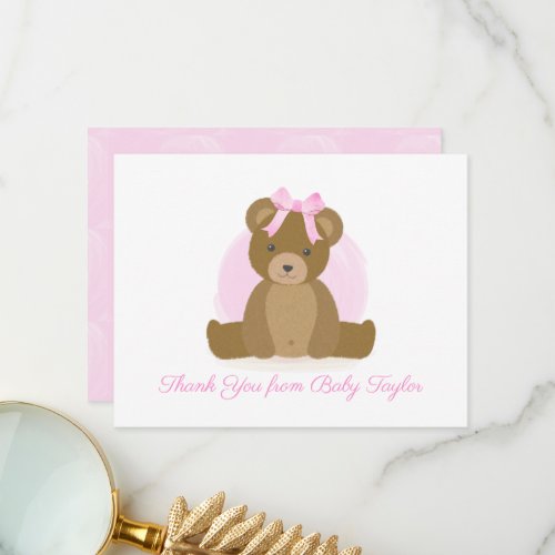 Cute Teddy Bear with Pink Bow Baby Girl Shower Thank You Card