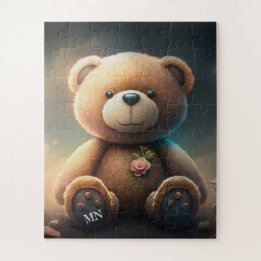 Cute teddy bear with pink rose monogram AI art Jigsaw Puzzle