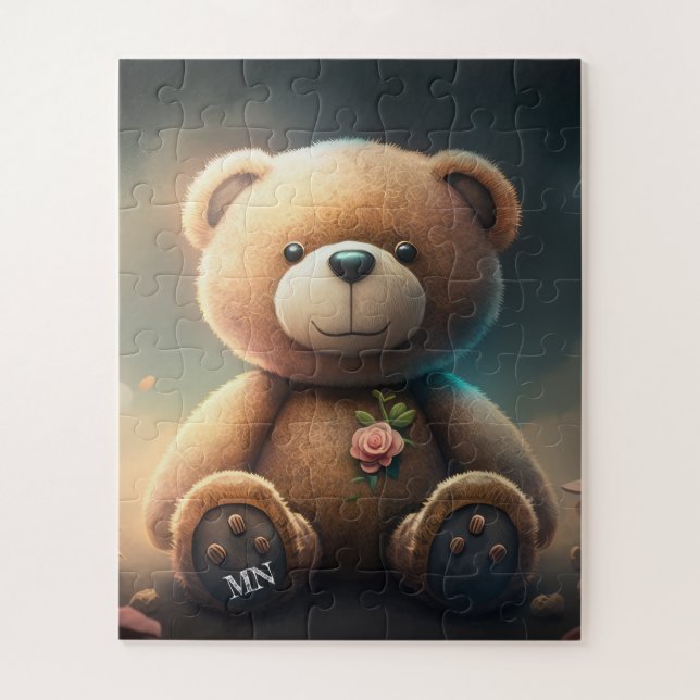 Cute teddy bear with pink rose monogram AI art  Jigsaw Puzzle (Vertical)