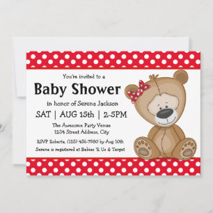 Cute Teddy Bear with Polka Dots Baby Shower Invitation