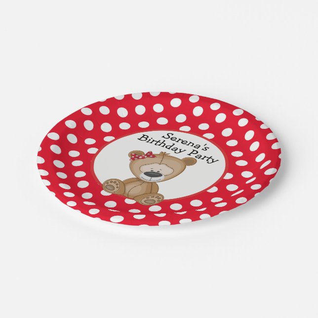 Cute Teddy Bear with Polka Dots Birthday Paper Plates (Angled)
