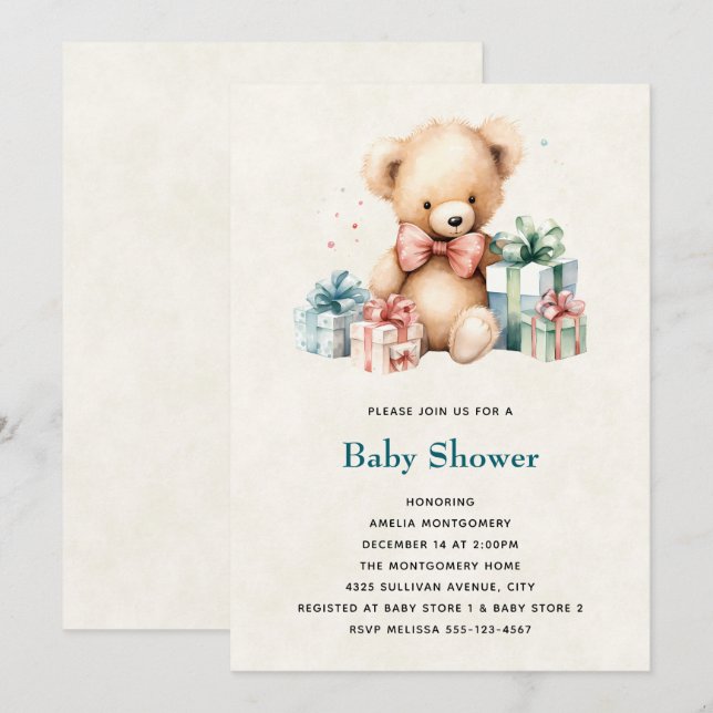 Cute Teddy Bear with Presents Baby Shower Invitation (Front/Back)