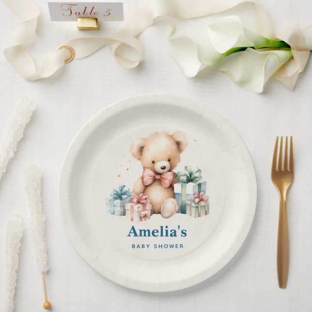 Cute Teddy Bear with Presents Baby Shower Paper Plates (Wedding)