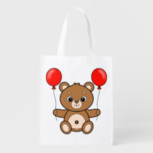 Cute Teddy Bear with Red Balloons Adorable Cartoon Grocery Bag