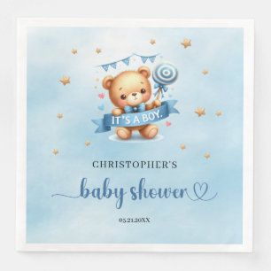Cute teddy bear with ribbon it's a boy baby shower paper dinner napkins