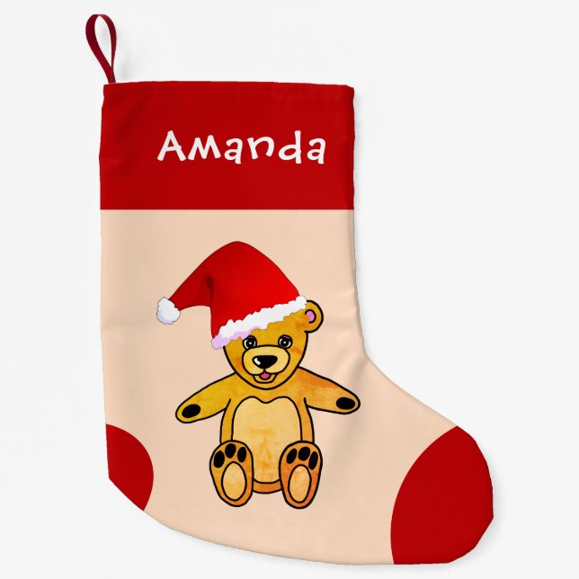 Cute Teddy Bear with Santa Clause Red Hat Kids Small Christmas Stocking (Front)