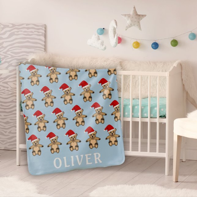 Cute Teddy Bear with Santa Hat Blue Christmas Baby Blanket (Creator Uploaded)