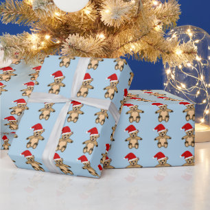 Cute Teddy Bear with Santa Hat Blue Christmas Wrapping Paper