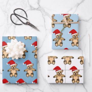 Cute Teddy Bear with Santa Hat Blue Christmas Wrapping Paper Sheets