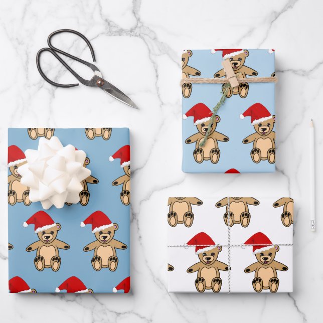 Cute Teddy Bear with Santa Hat Blue Christmas Wrapping Paper Sheets (Front)
